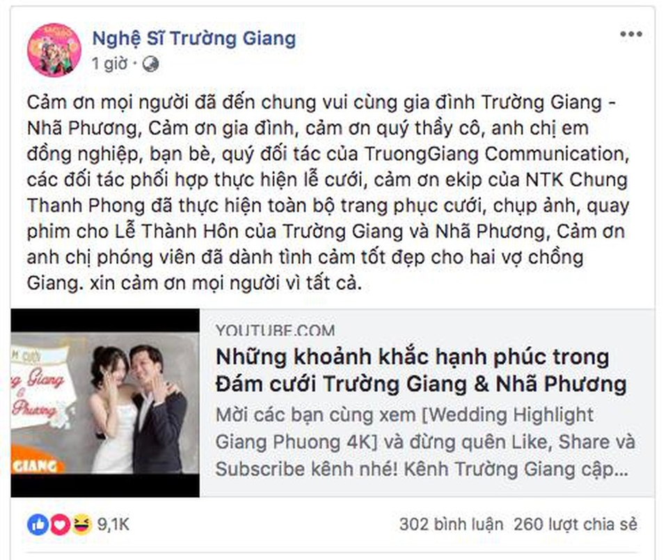 Đăng facebook gửi lời cảm ơn sau đám cưới